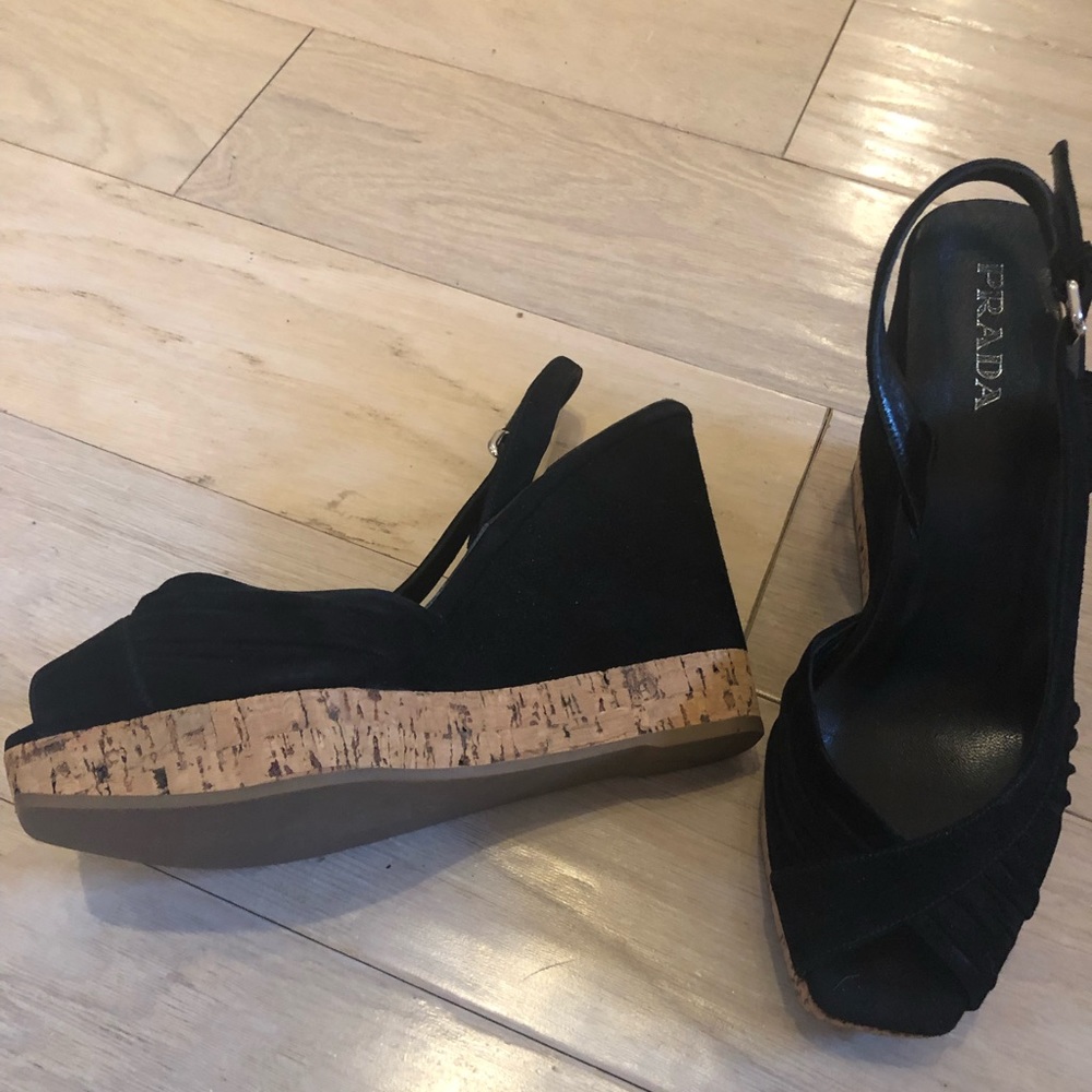 PRADA Black Suede Cork Wedges - Size 8 - Picture 6 of 8